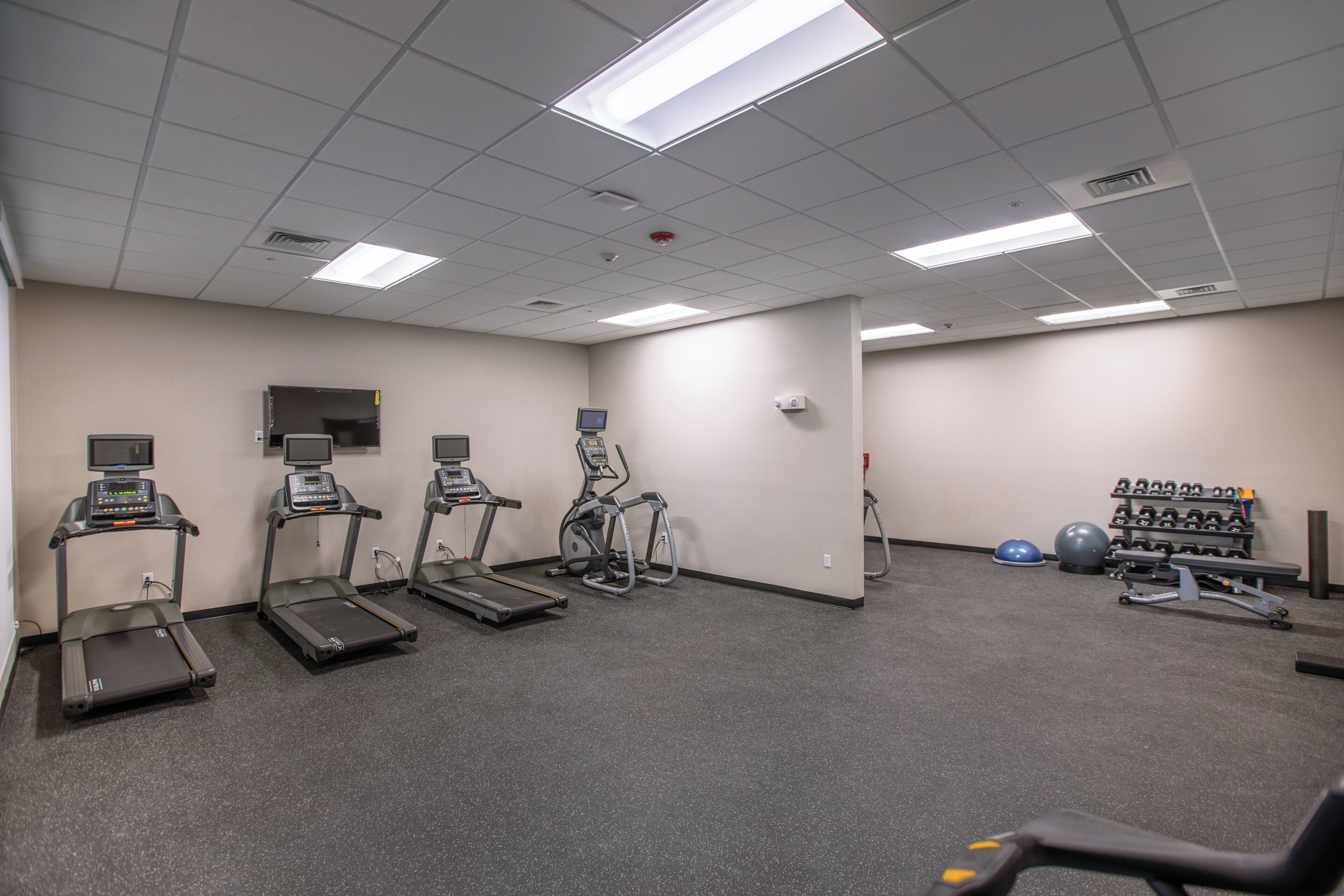 A fitness center with treadmills, an elliptical, and free weights.