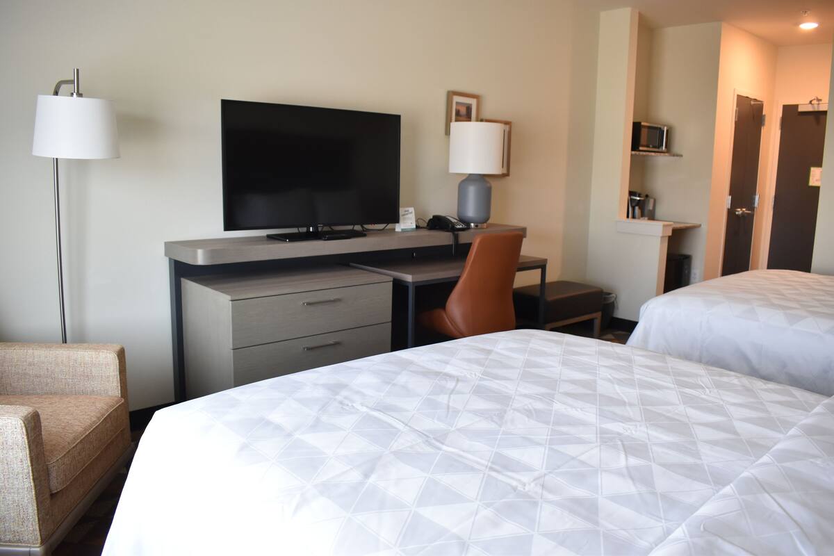 A hotel room with a bed, a desk with a flat-screen TV, a chair, a lamp, and a microwave.