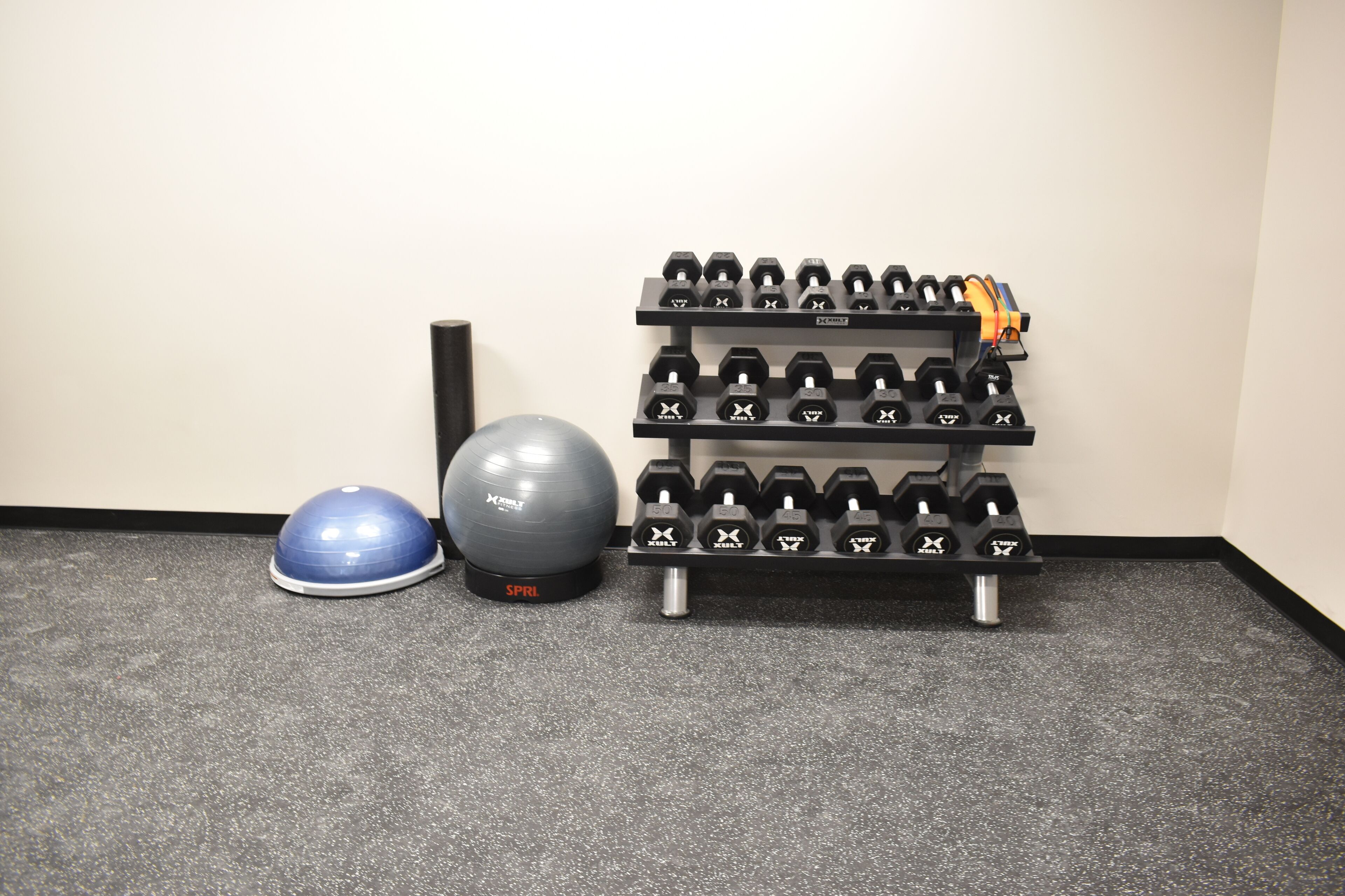 A gym with a blue exercise ball, a gray exercise ball, and a rack of dumbbells.
