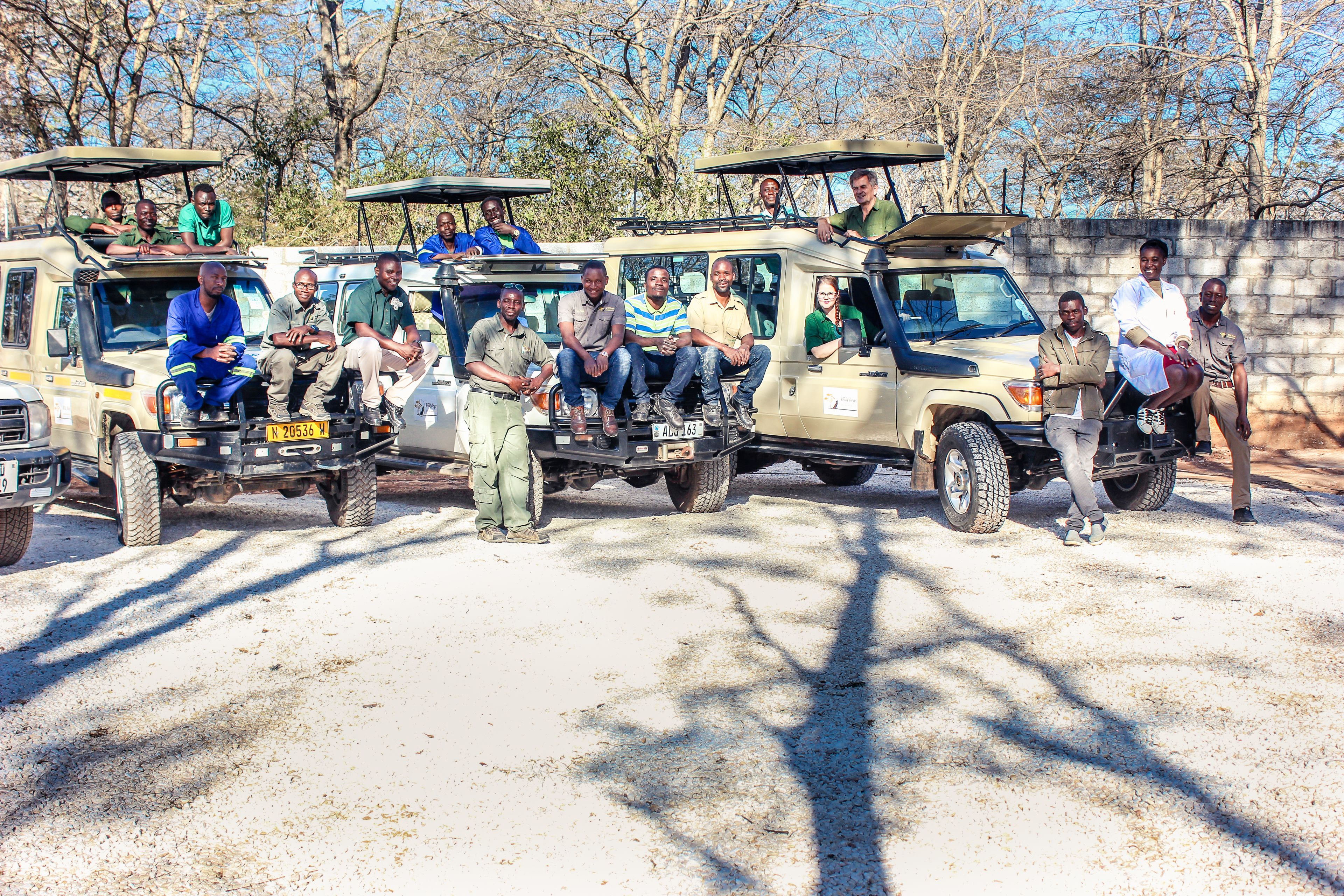 A group of people in safari vehicles parked in a dry, open area with sparse trees in the background.