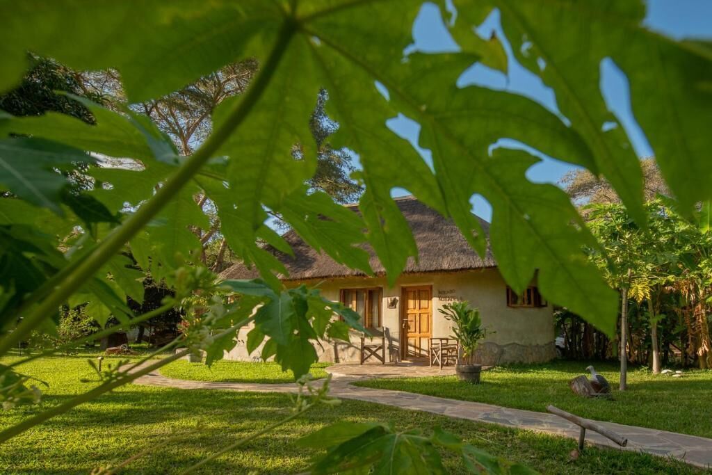 Una casa rústica con techo de paja, rodeada por un césped cuidado y árboles.