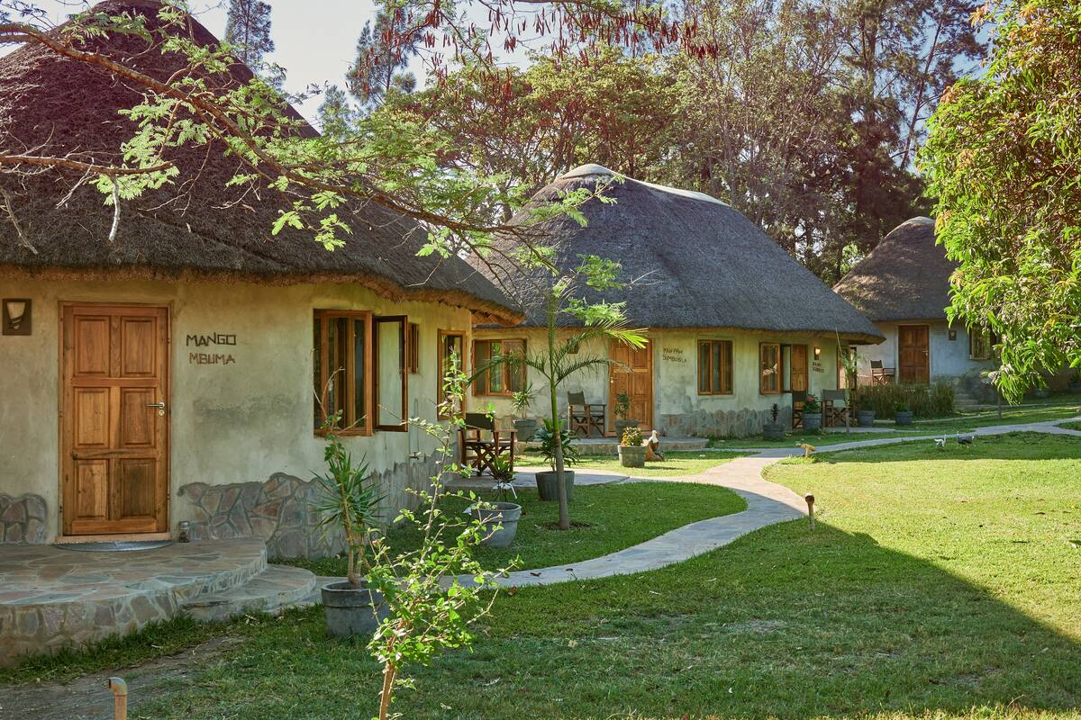 A rustic building with a thatched roof, a stone wall, and a wooden door labeled "Mango."