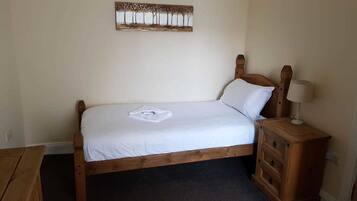 A single bed with a wooden headboard, a bedside table with a lamp, and a wall-mounted artwork.