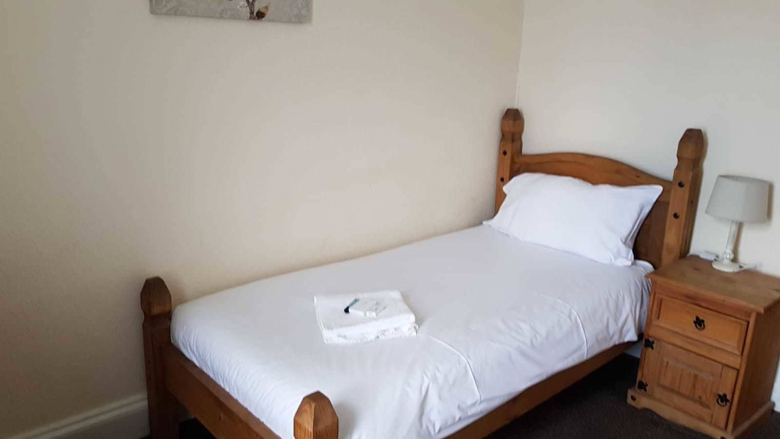 A single bed with a wooden headboard, a bedside table with a lamp, and a small drawer.