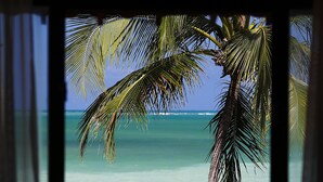 A view of a beach with a palm tree and a person in the water, viewed through a window. - Pousada Rota Ecológica (Porto de Pedras)