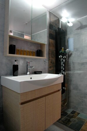 Departamento de lujo | Baño | Regadera, amenidades de baño gratuitas, secadora de cabello, toallas 