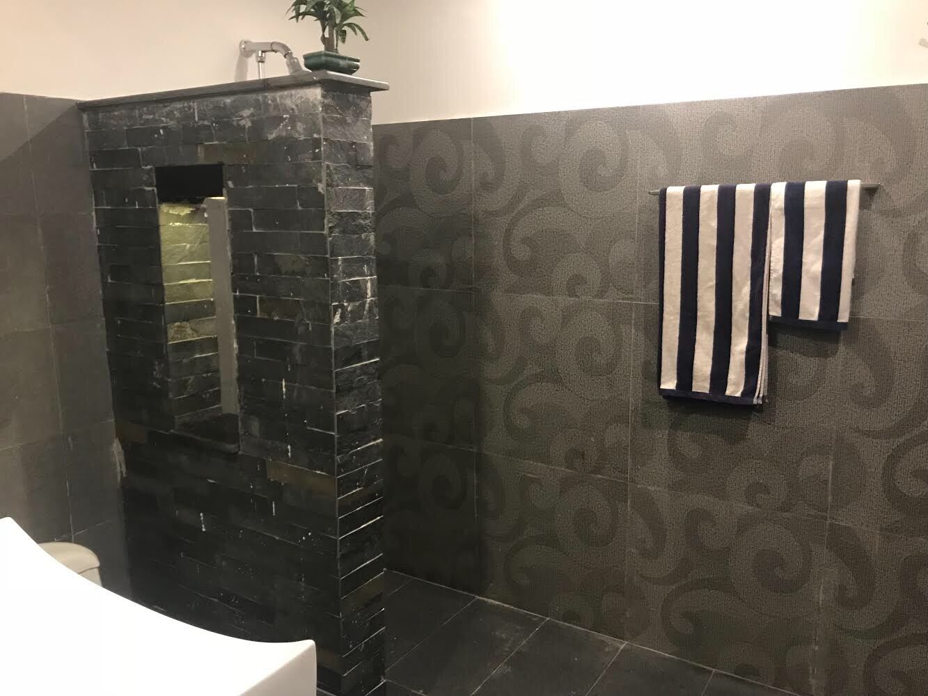 Ducha y bañera combinadas, toallas, jabón y champú