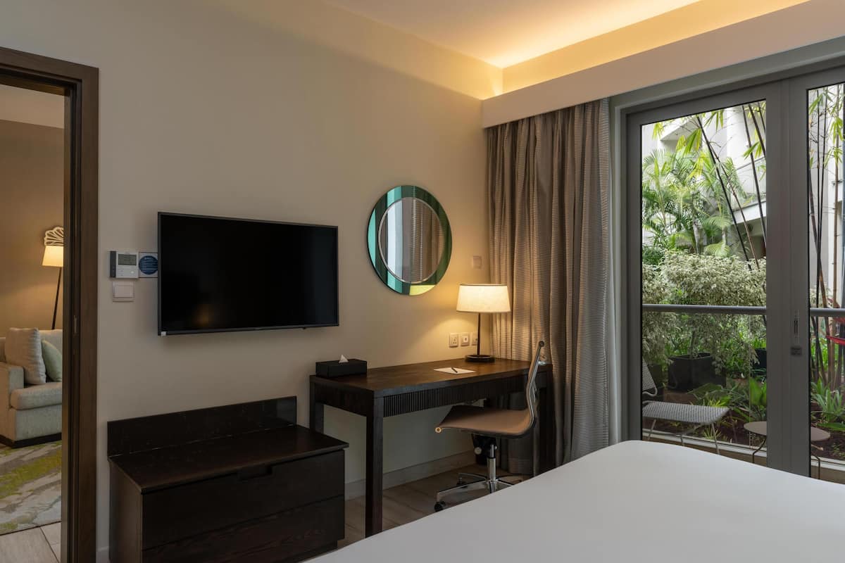 A hotel room with a bed, a desk, a chair, a TV, a mirror, and a window with a view of greenery.
