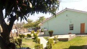A building with a flat roof, a door, and a window. There is a tree with a thick trunk and green leaves. - Twana Classic Lodge (Choma)