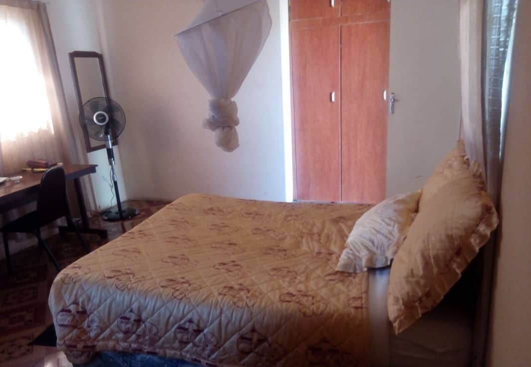 Un dormitorio con cama, escritorio, silla, ventilador de pie y mosquitero.