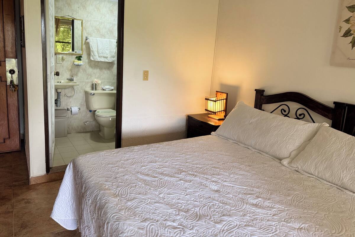 A bedroom with a bed, a nightstand, a bedside lamp, and a view into the bathroom.