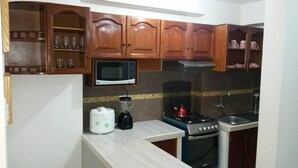 Une cuisine avec des meubles de rangement en bois, un four à micro-ondes, un mixeur, une cuisinière et un évier.