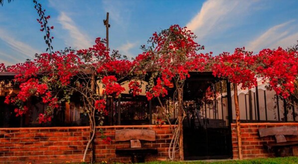 A rustic wooden structure with a brick wall and a wooden door, covered with red flowering vines. - Lodge Viñas del Sol (Grocio Prado)