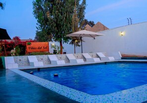 Outdoor pool, open 10:00 AM to 8:00 PM, sun loungers