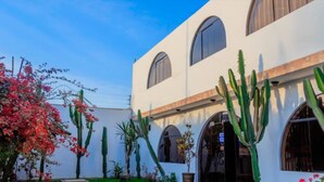 A building with arched windows and a white facade, surrounded by cacti and flowering plants.