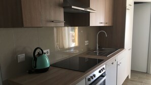 A modern kitchen with a stove, sink, and kettle. - Monteurzimmer Leimen (Leimen)