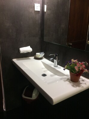 Dusch, hårtork, handdukar och tvål