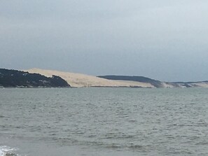 Una playa con dunas de arena y un mar tranquilo.