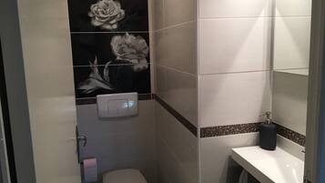 Een kleine badkamer met toilet, handdroger en spiegel.