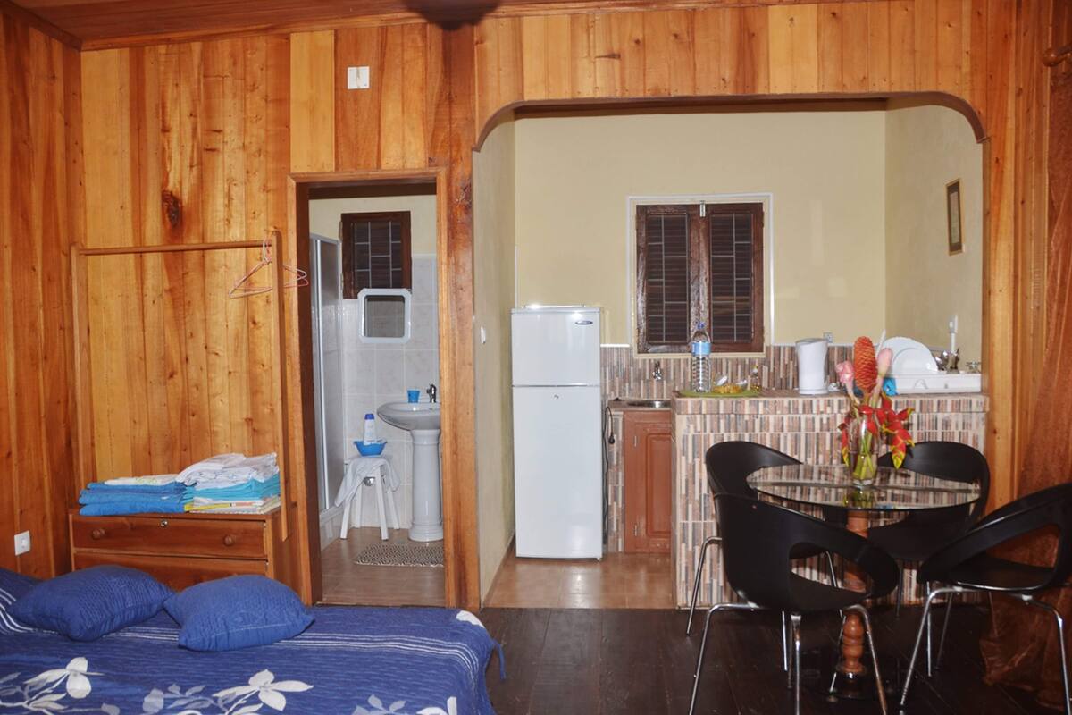 Une pièce comprenant un lit, une petite table avec des chaises, un lavabo et un réfrigérateur.