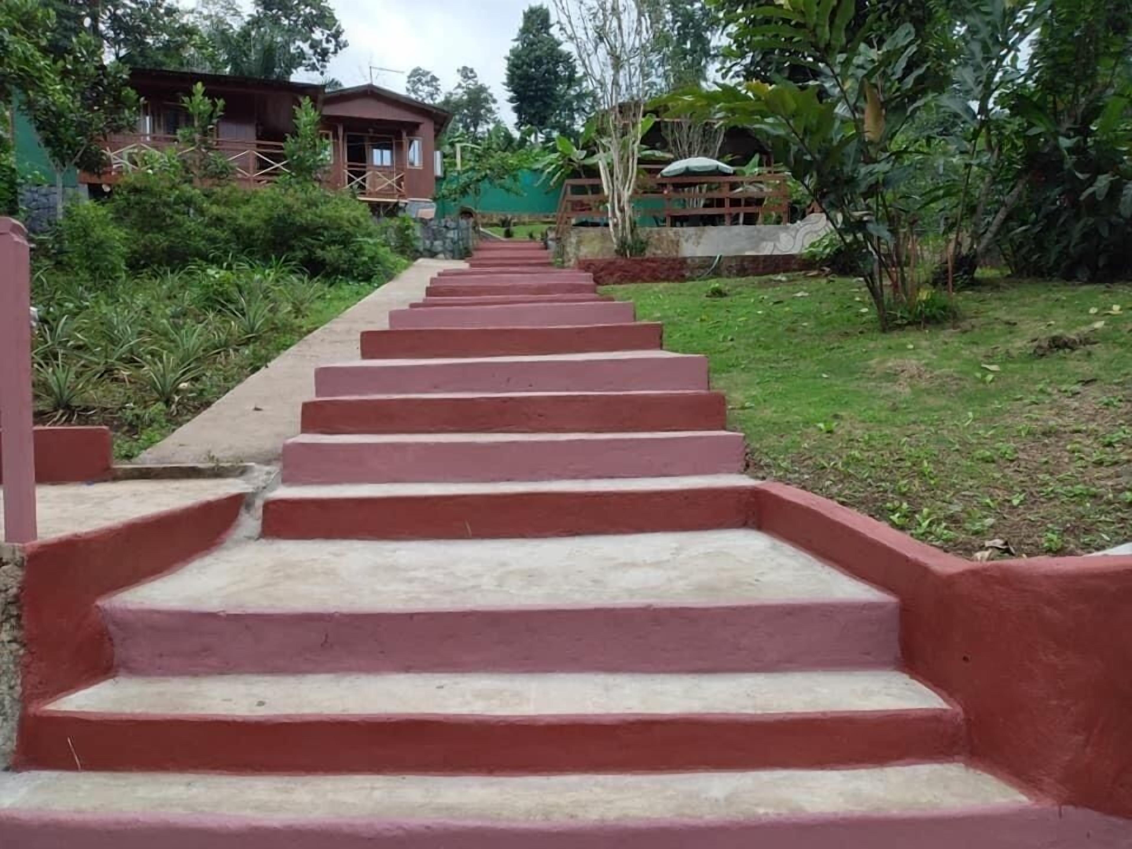 A set of red steps leading up to a building with a green roof, surrounded by lush greenery.