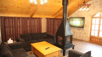 A cozy living room with a fireplace, wooden ceiling, and a television mounted on the wall.