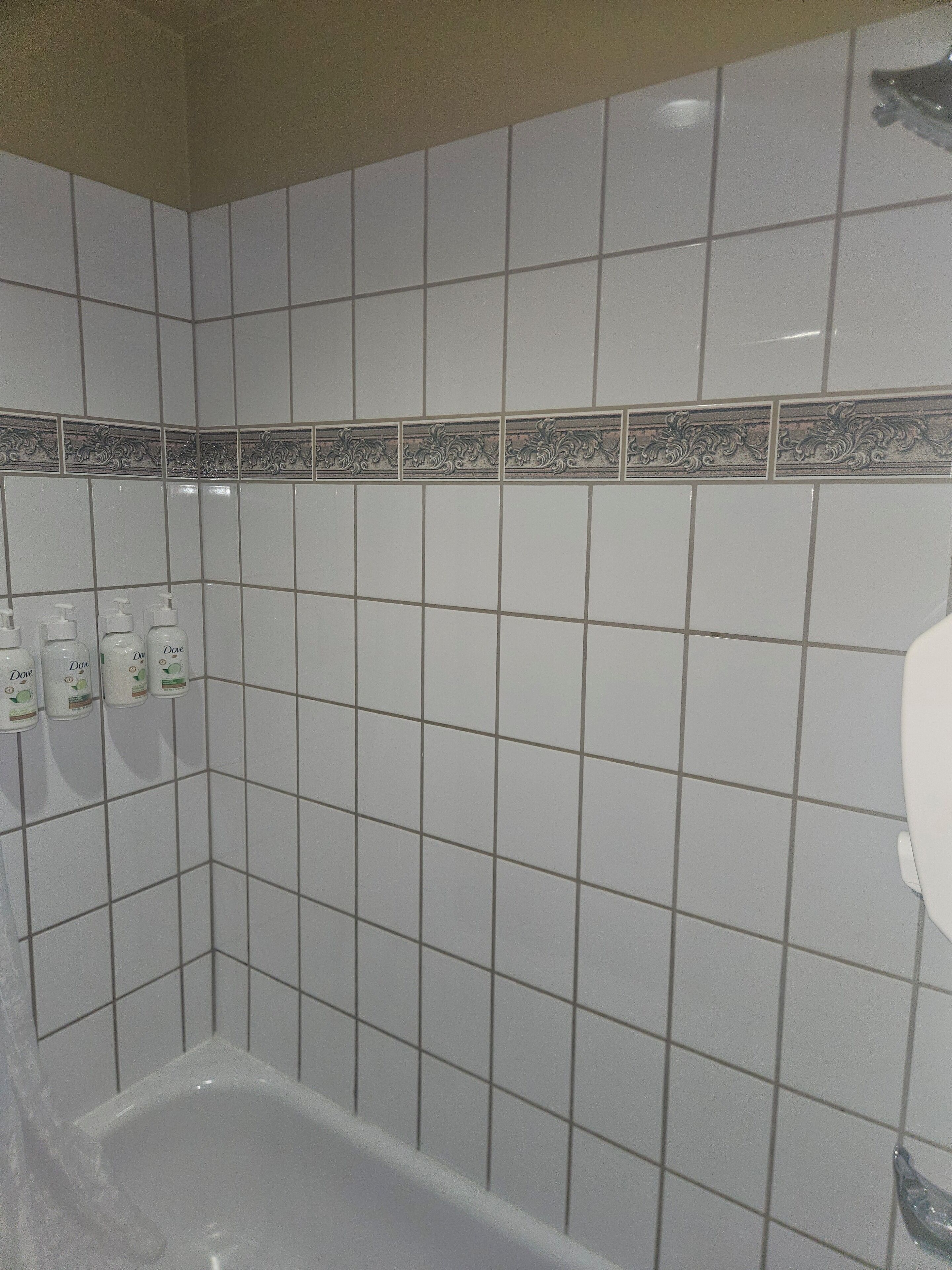 Ein Badezimmer mit weißen Fliesen, einer Dusche und einem WC.