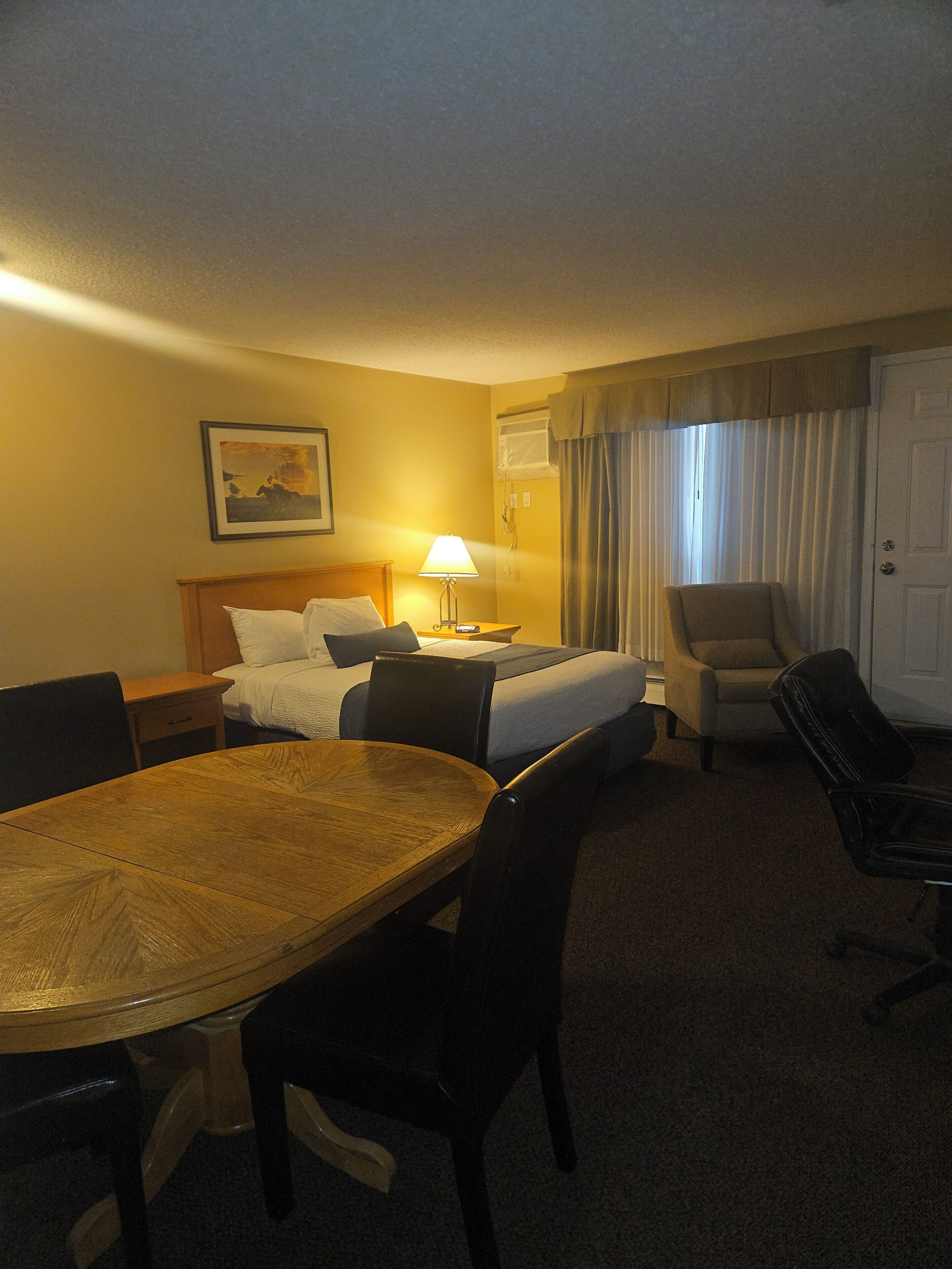 A hotel room with a bed, a desk, a chair, and a dining table.