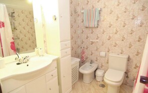 Bathtub, hair dryer, bidet, towels