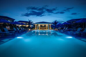 Outdoor pool, pool umbrellas, pool loungers