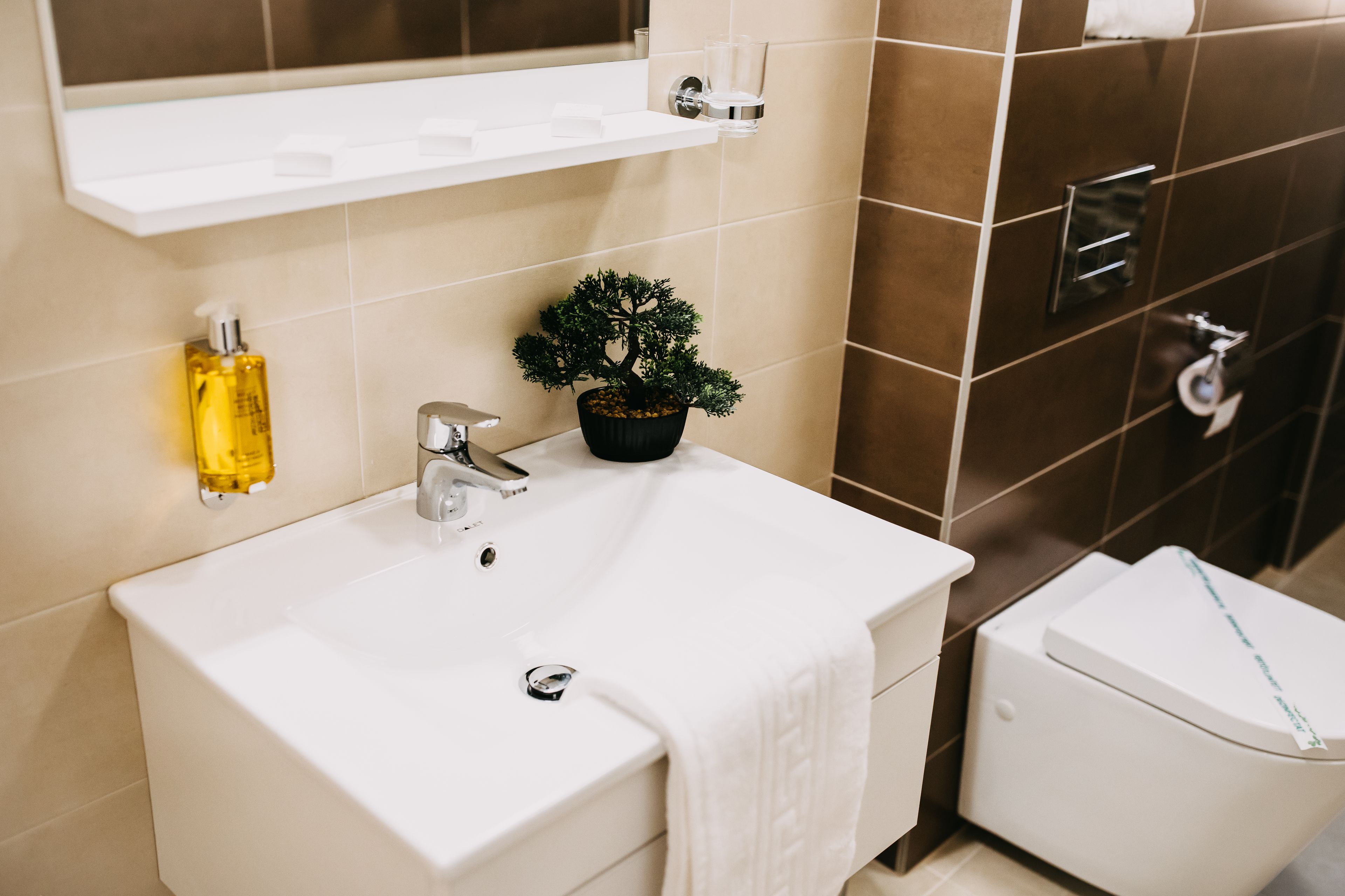 A bathroom with a white sink, a small potted plant, a bottle of soap, and a toilet.