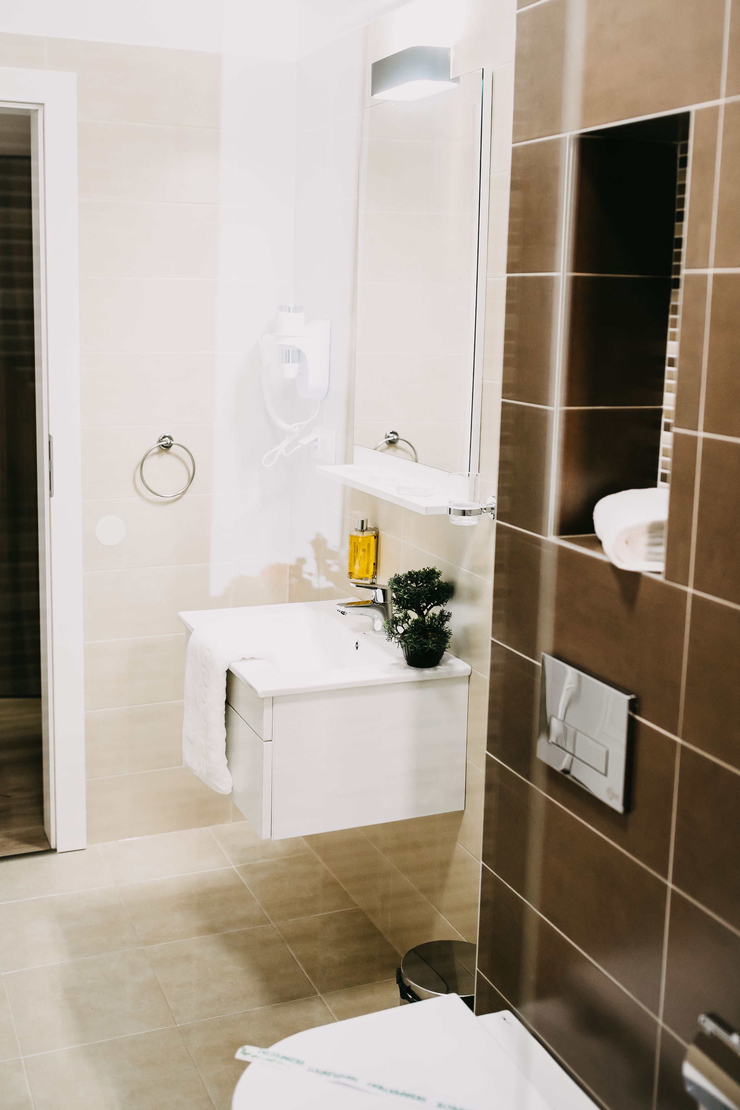 Un baño moderno con un lavamanos blanco, un espejo y una pequeña planta en maceta.