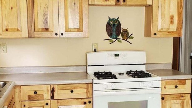 Een keuken met houten kastjes, een witte kookplaat en een decoratief uiltje aan de muur.