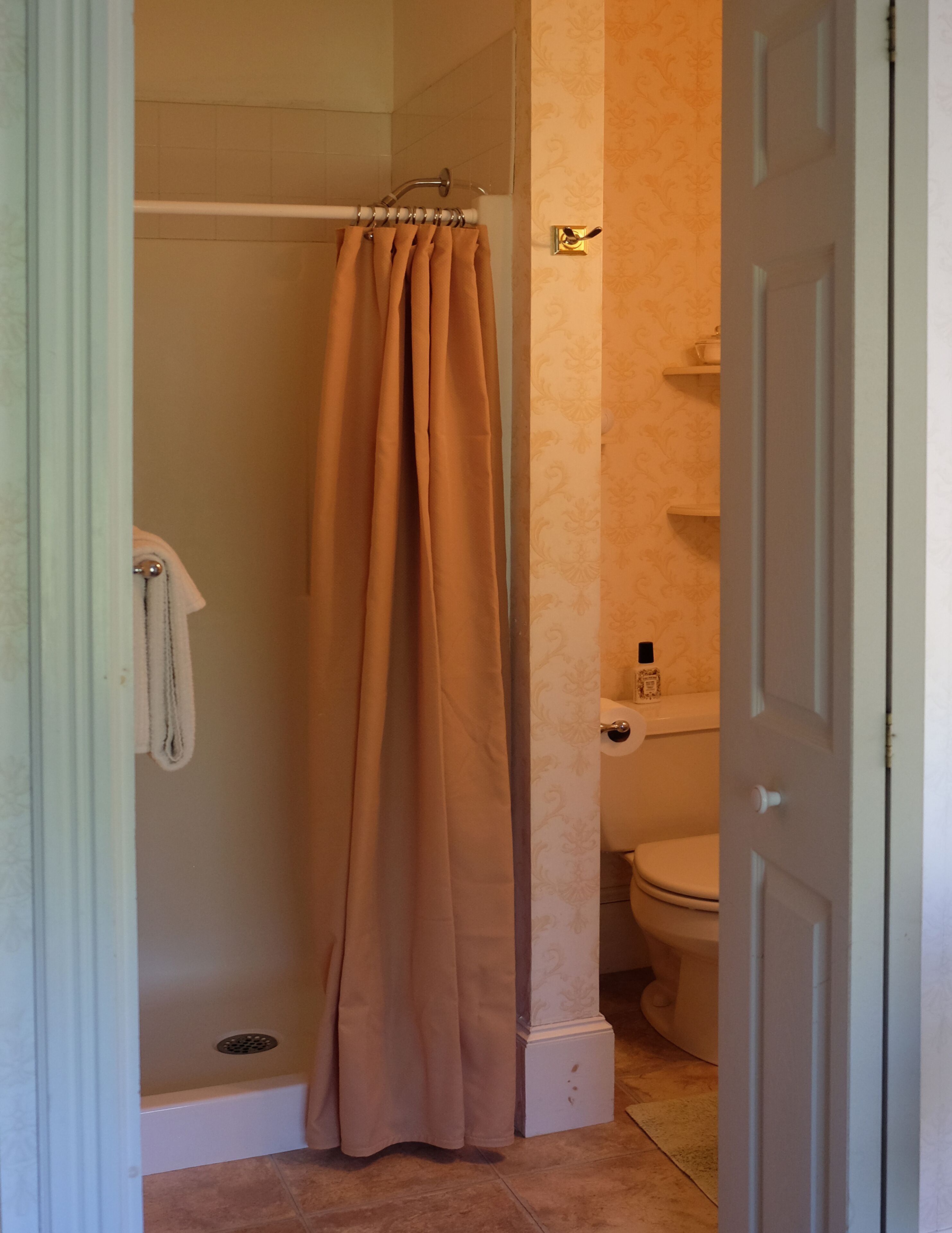 A bathroom with a shower curtain, toilet, and a towel hanging on the wall.