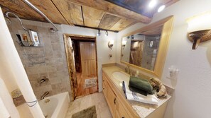 Cabin (Authentic Western Log Cabin with Full) | Bathroom | Shower, hair dryer, towels, soap - Stunning Apple Lane Log Cabin (Blanding)