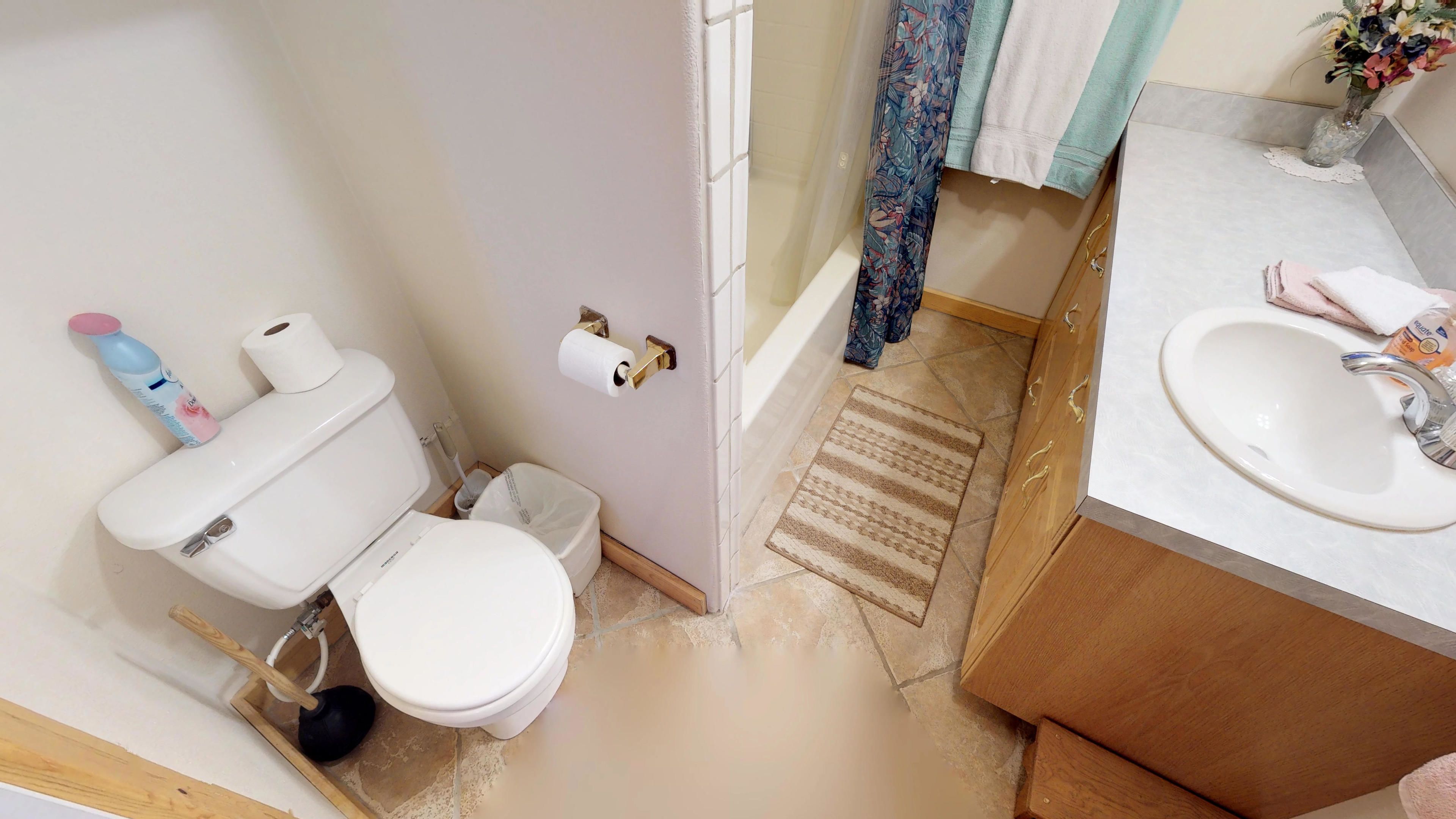 Un baño con inodoro, lavabo y zona de ducha.