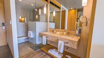 A modern bathroom with a glass shower enclosure, a double sink vanity, and a built-in mirror.