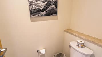 Un baño con inodoro, un cubo de basura, un rollo de papel higiénico y un cuadro de un paisaje marino rocoso en la pared.