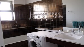 Hair dryer, towels, soap, toilet paper