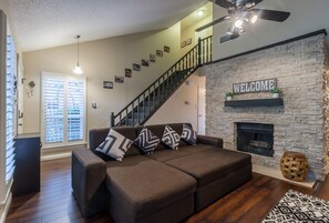 Smart TV, fireplace, books