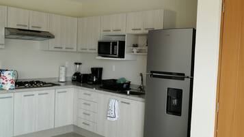 Fridge, microwave, stovetop, coffee/tea maker