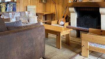 Smart TV, chimenea, reproductor de DVD y libros