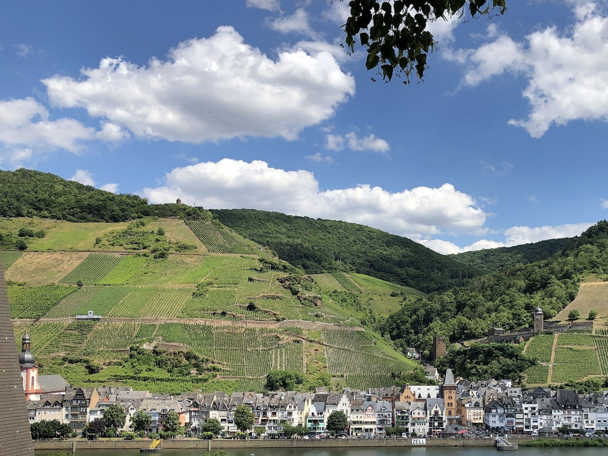 A town with terraced vineyards, historic buildings, and a river.