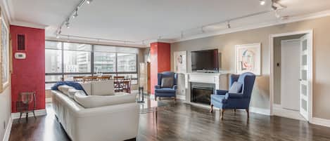 Smart TV, fireplace, books