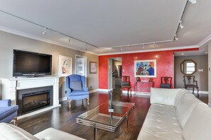 TV connectée, cheminée, livres