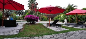 Outdoor pool, pool umbrellas, pool loungers