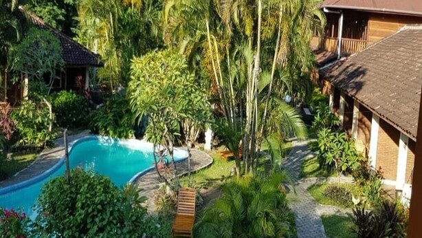 A pool surrounded by lush greenery and a wooden building with a tiled roof. - Hotel Besar Bulan Baru - Senggigi (Senggigi)