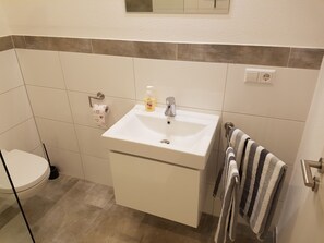 Dusche, Haartrockner, Handtücher, Seife