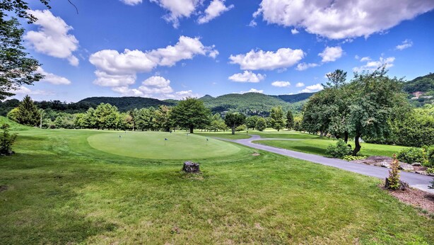 Un campo da golf con un percorso sinuoso, erba verde rigogliosa e alberi.