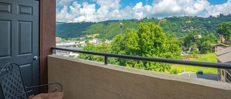 A balcony with a chair and a potted plant, overlooking a town with buildings and hills.